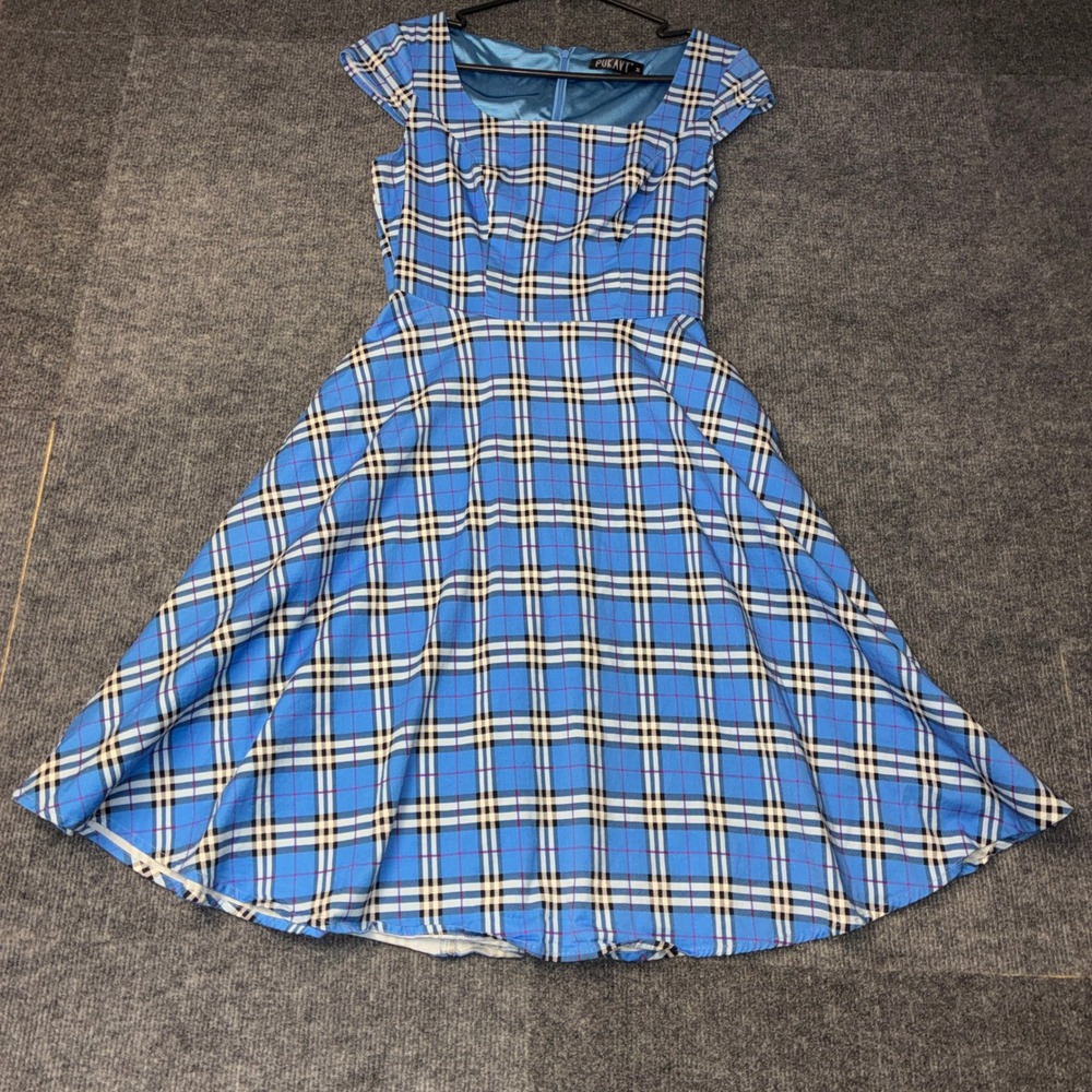 PUKAVT Plaid Skater Dress Womens Medium Blue Excellent Cap Sleeve Square Neck